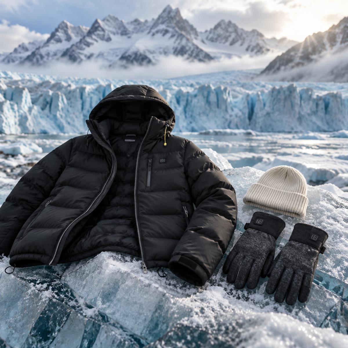 Black heated puffer jacket, charcoal heated gloves and a cream beanie laid on glacier ice with snow-covered peaks behind